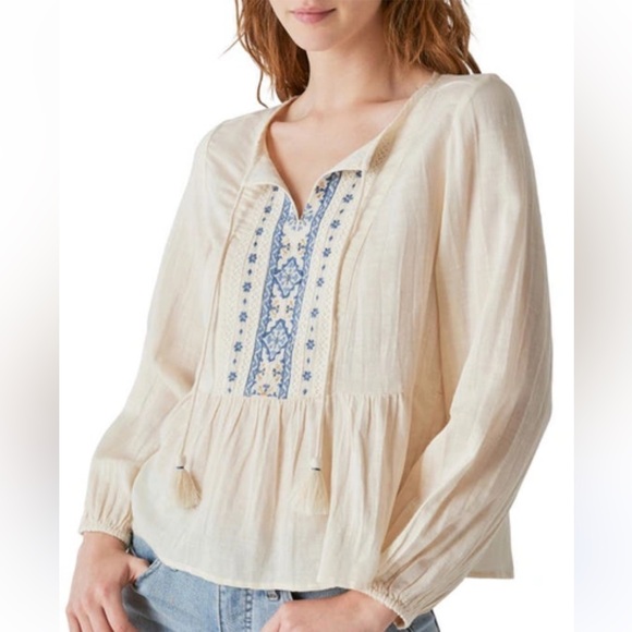 Lucky Brand Tops - Lucky Brand Hazel Embroidered Cotton Blend Boho Peasant Top Size Medium